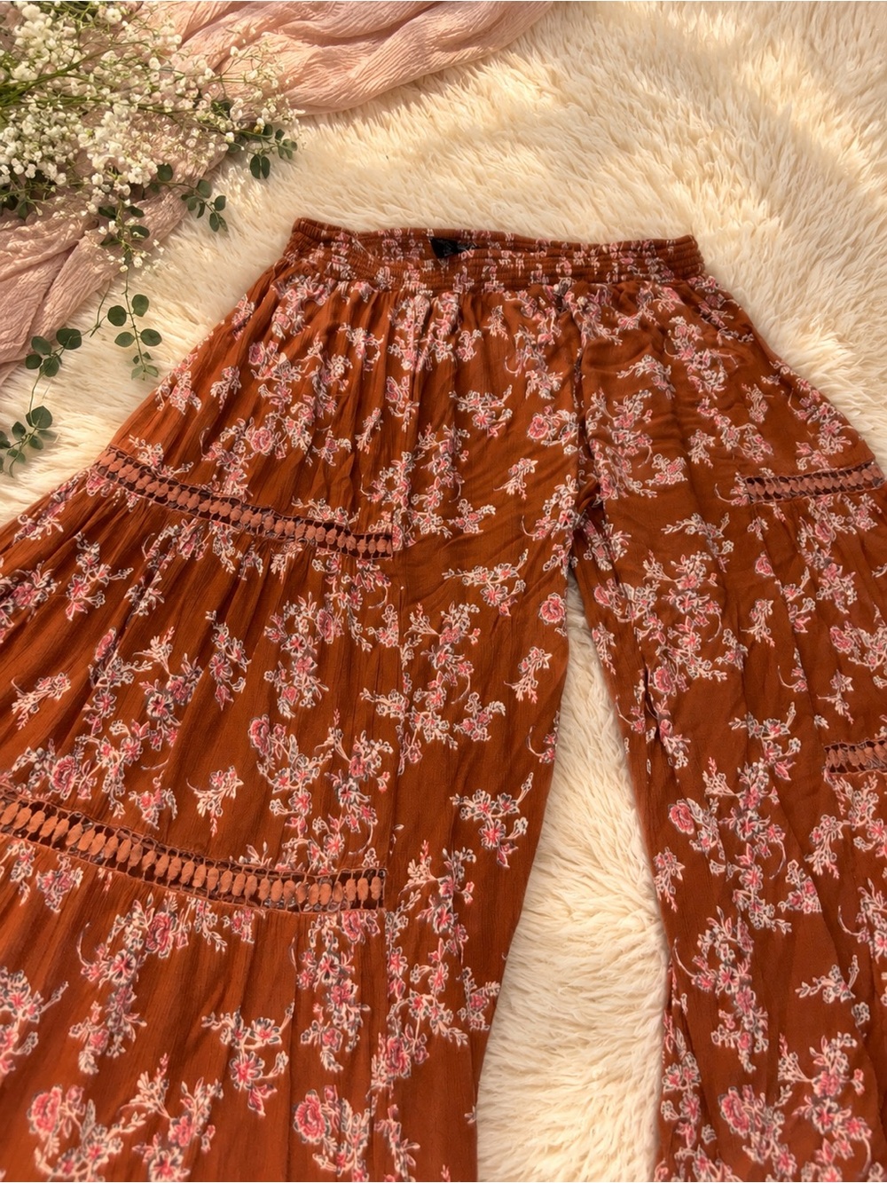 Floral Wide-Leg Pants in Rust Pink - Women's Boho Lounge Pant